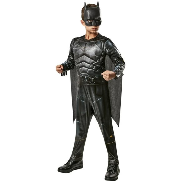 Boys Child THE BATMAN Muscle Chest Costume Size Medium 8 NWT jumpsuit Cape Mask - Picture 1 of 2